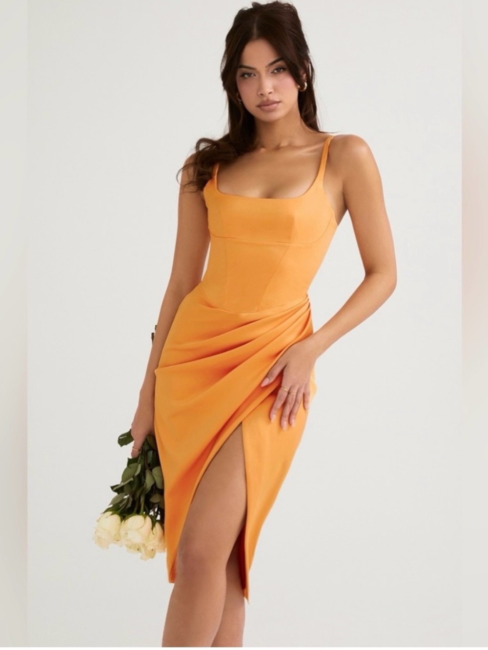 House of CB Bianca Tangerine Scoop Neck Draped Midi Dress